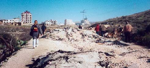 The road from Tell like all the roads leading into Nablus from the surrounding villages has been destroyed by bulldozers.